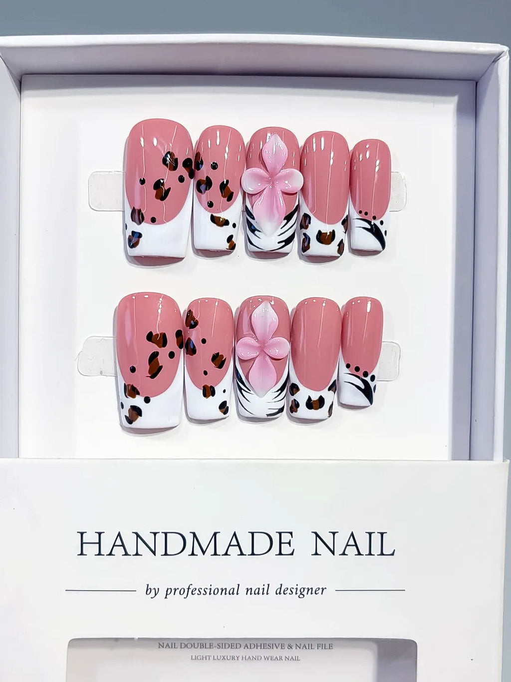 D631 - Medium Pink White Square Abstract Flower Animal Print VibeNailsLab