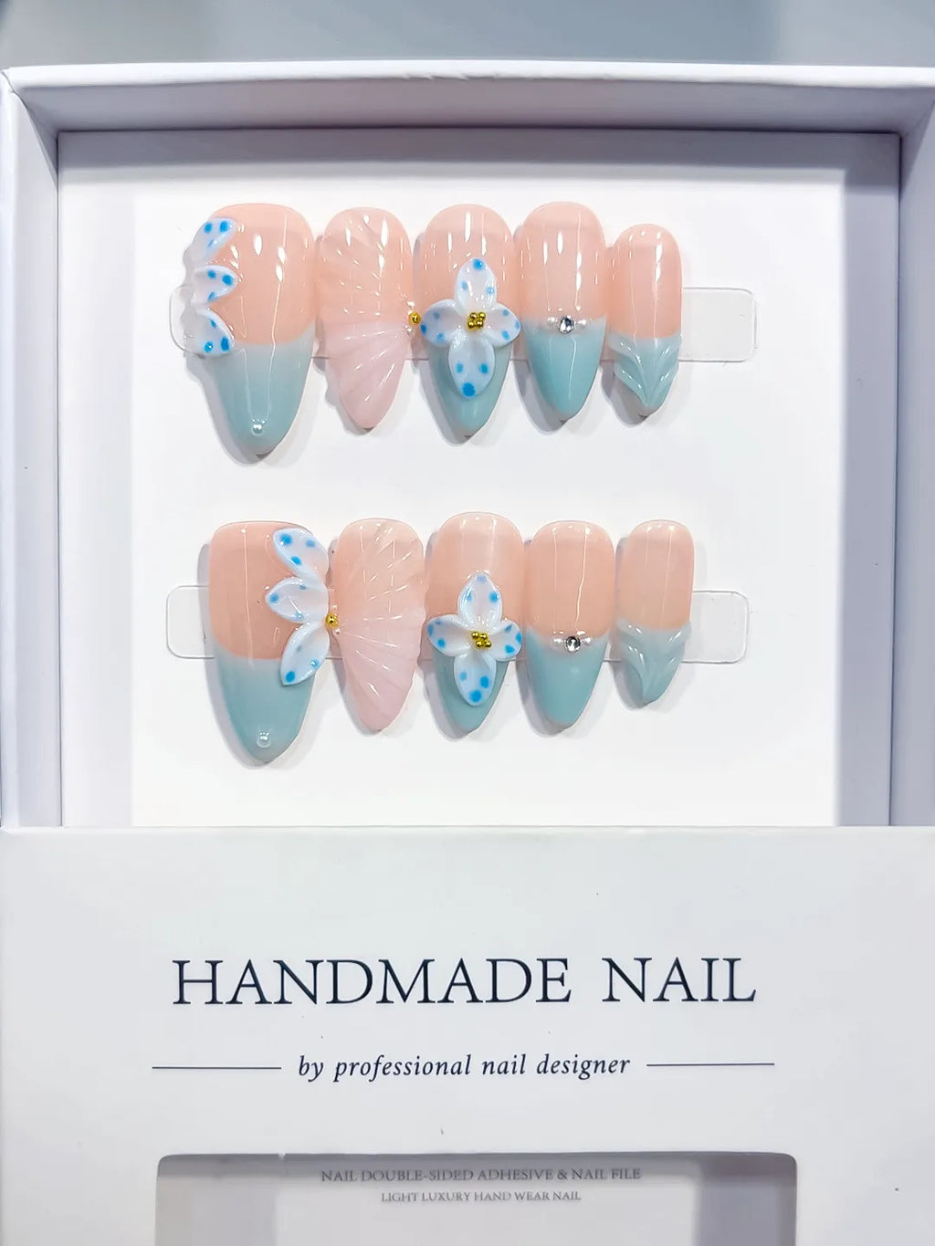 D638 - Medium Nude Blue Almond French tip Flower Bow