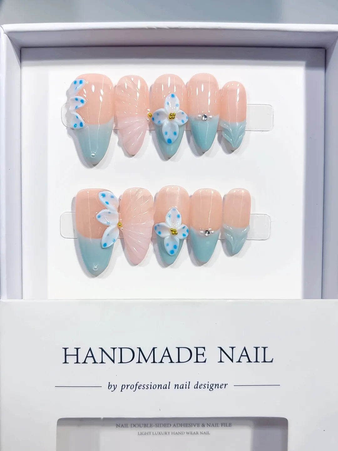 D638 - Medium Nude Blue Almond French tip Flower Bow
