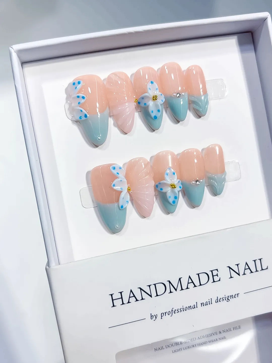 D638 - Medium Nude Blue Almond French tip Flower Bow