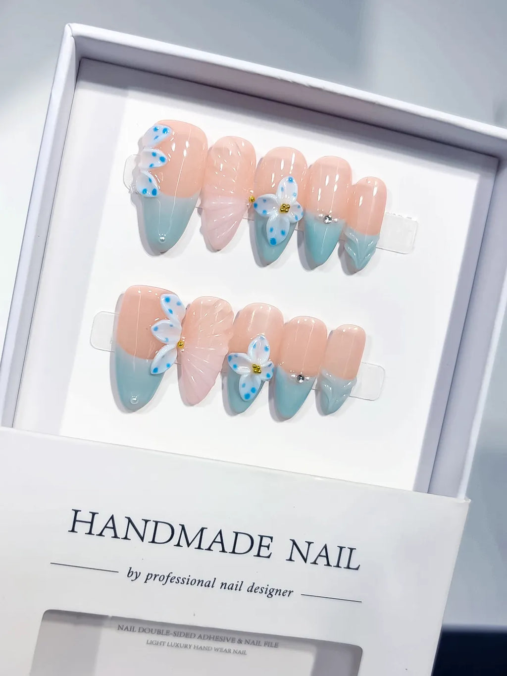 D638 - Medium Nude Blue Almond French tip Flower Bow