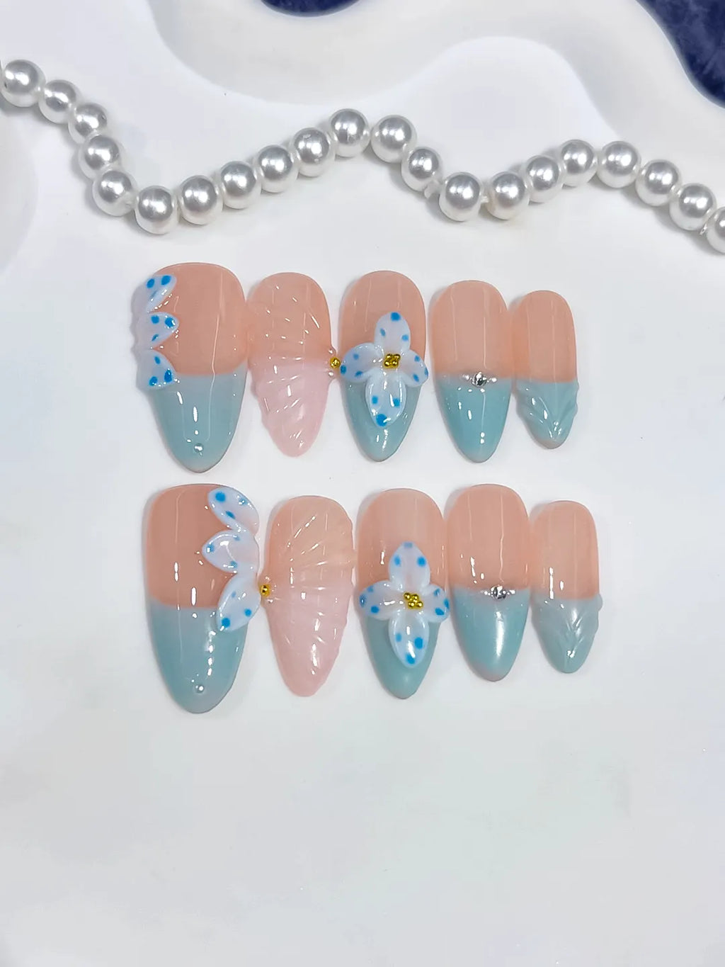 D638 - Medium Nude Blue Almond French tip Flower Bow
