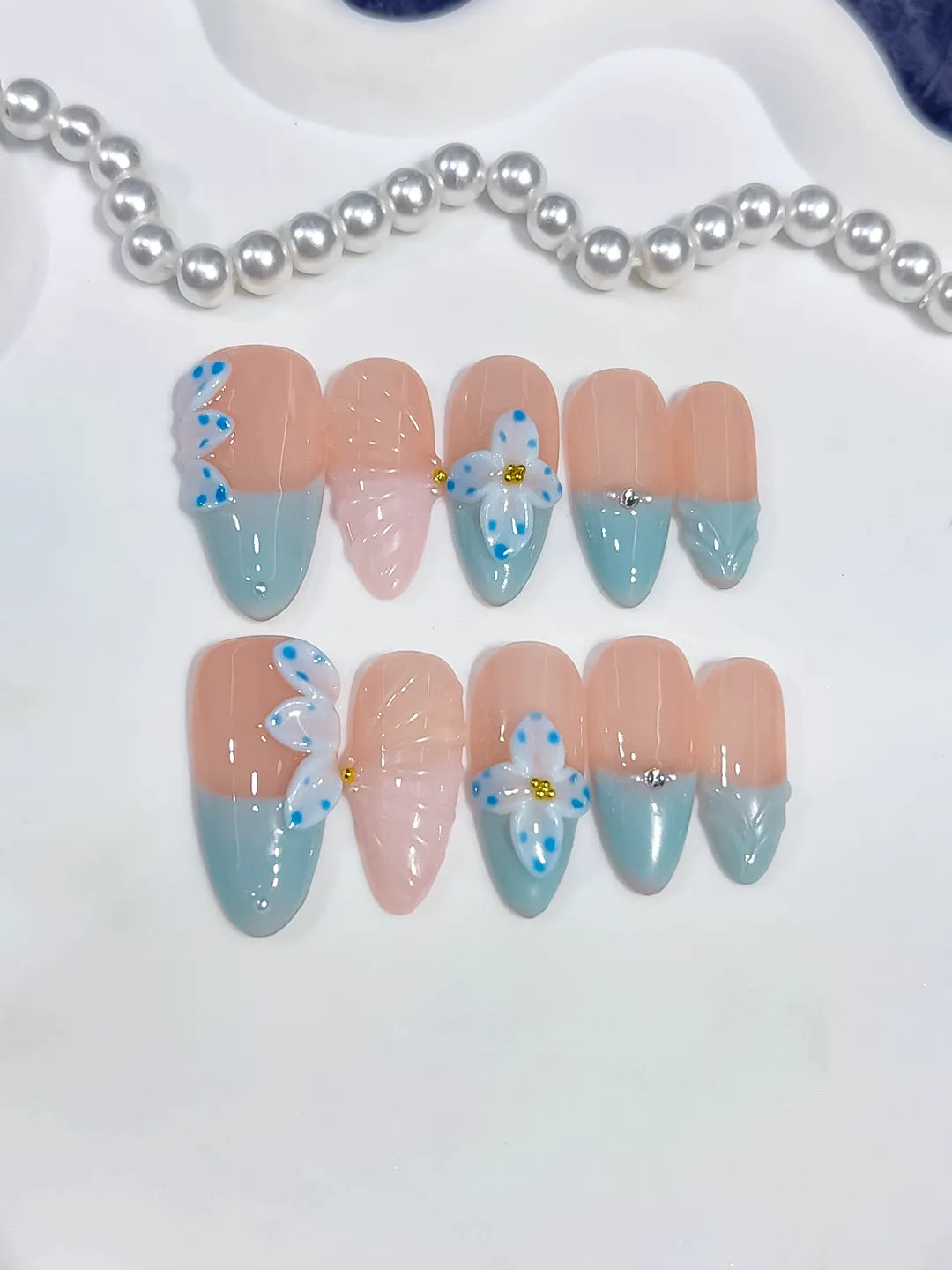 D638 - Medium Nude Blue Almond French tip Flower Bow