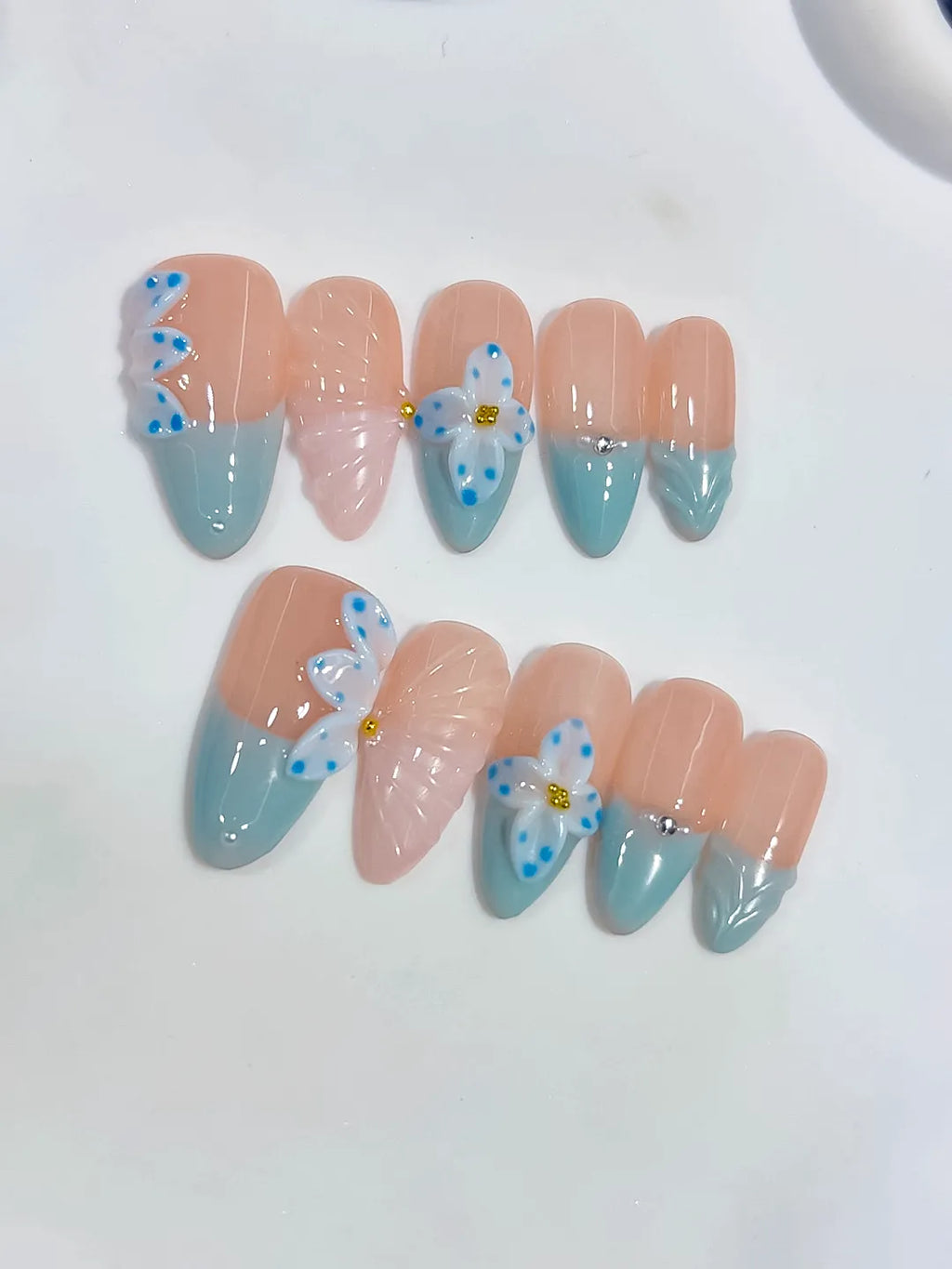 D638 - Medium Nude Blue Almond French tip Flower Bow