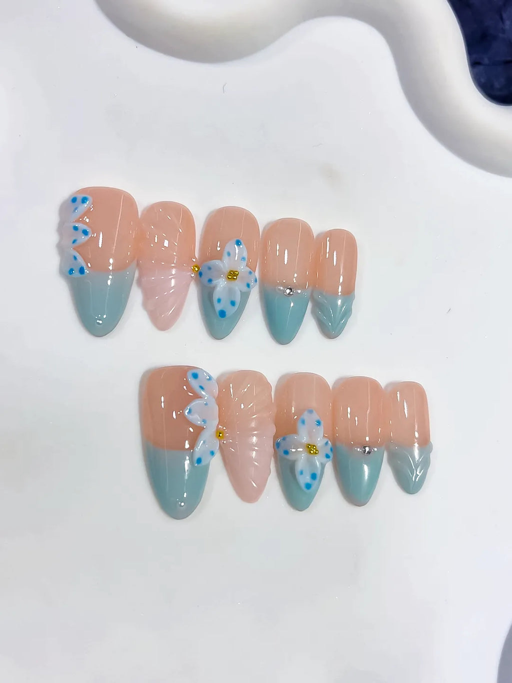 D638 - Medium Nude Blue Almond French tip Flower Bow
