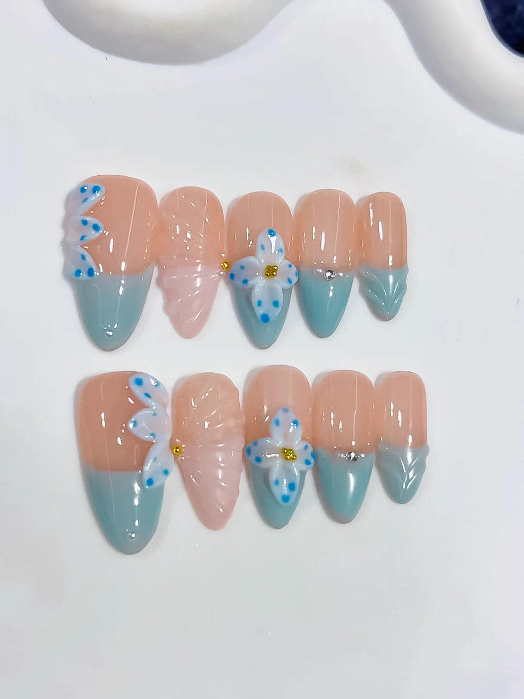 D638 - Medium Nude Blue Almond French tip Flower Bow