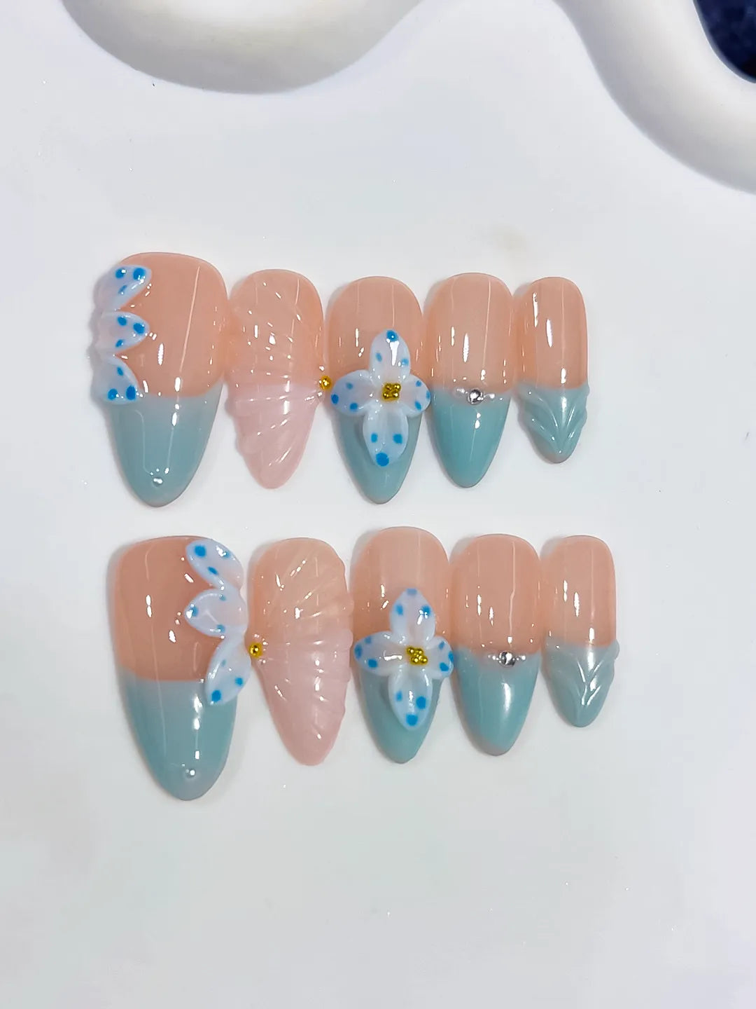 D638 - Medium Nude Blue Almond French tip Flower Bow