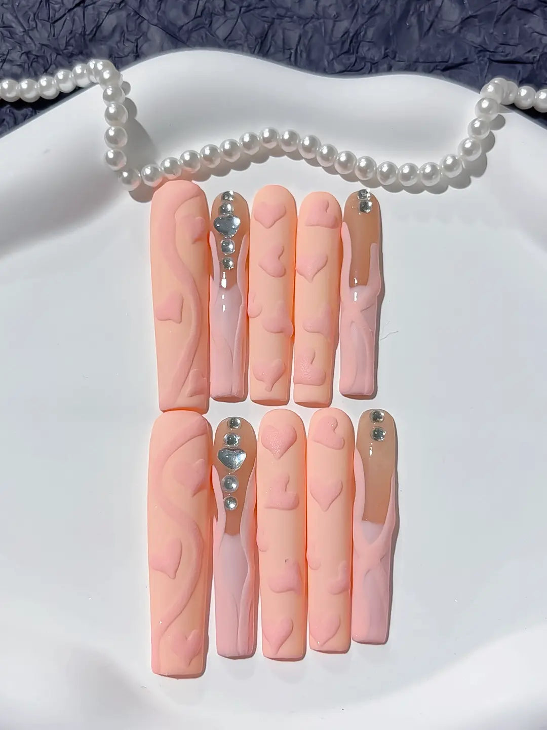 M017 - Long Nude Pink Square Solid color Heart Diamond