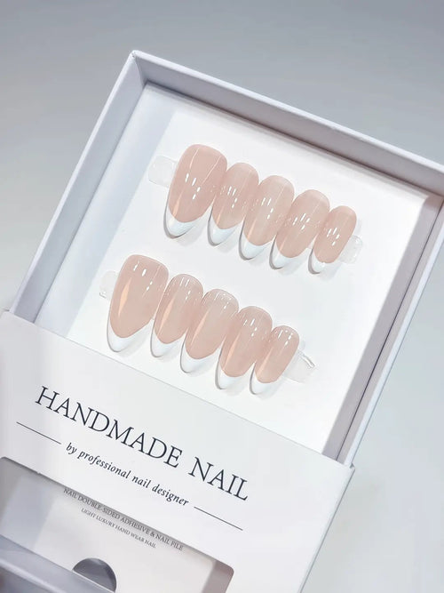 A045 - Medium White Nude Almond French tip VibeNailsLab