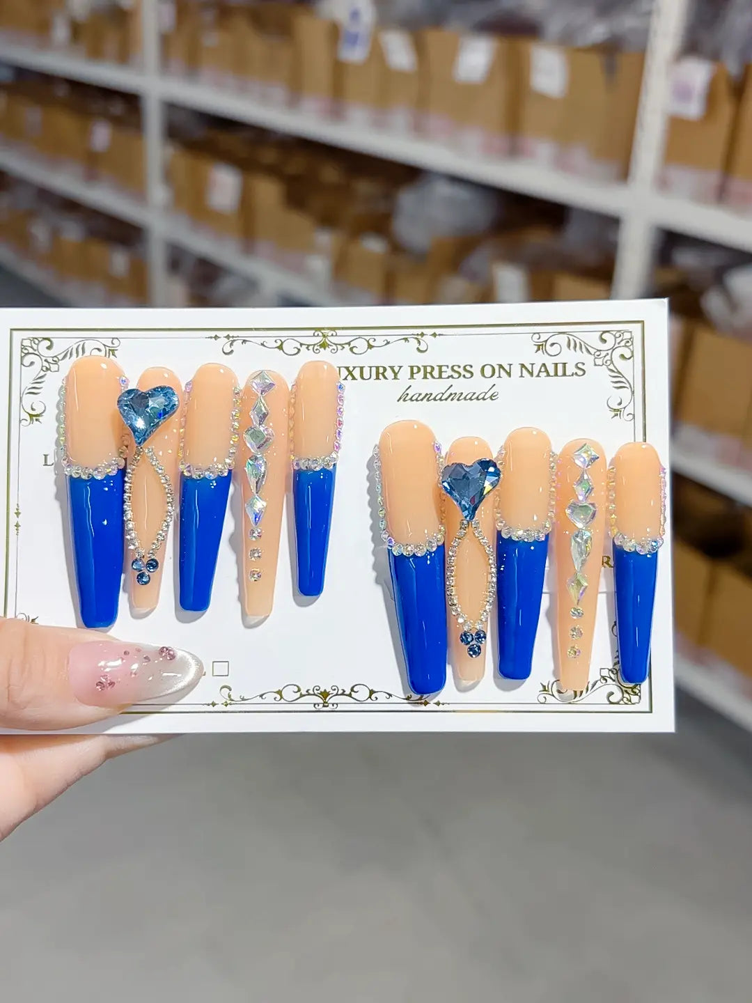 L099 - Long Blue Coffin French tip Rhinestone Heart