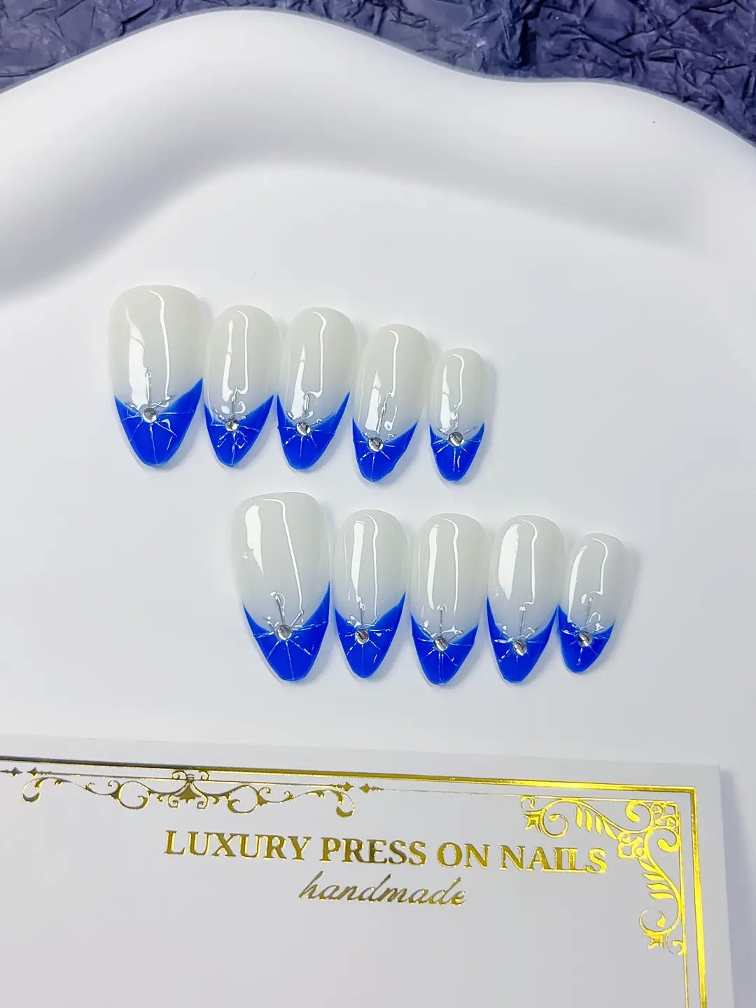 C368 - Medium Blue Almond French tip Rhinestone