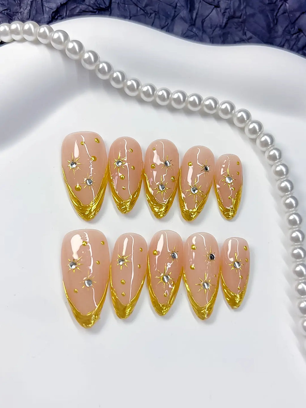 C378 - Medium Nude Gold Almond French tip Rhinestone