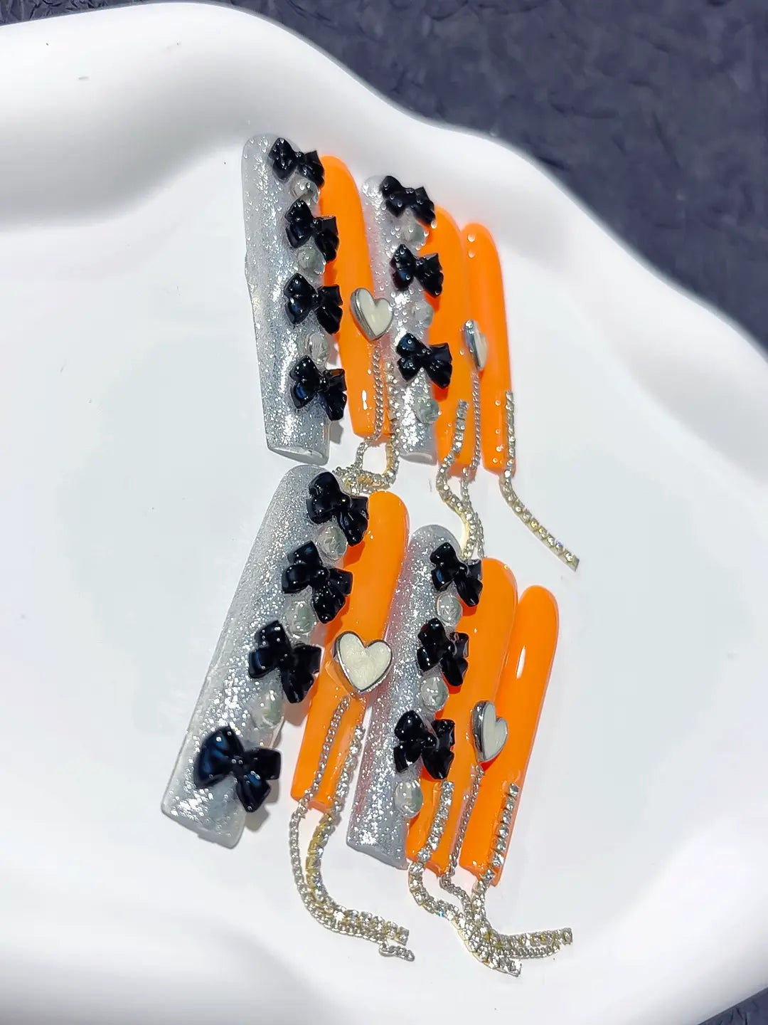M036 - Long Orange Silver Square Glitter Chain