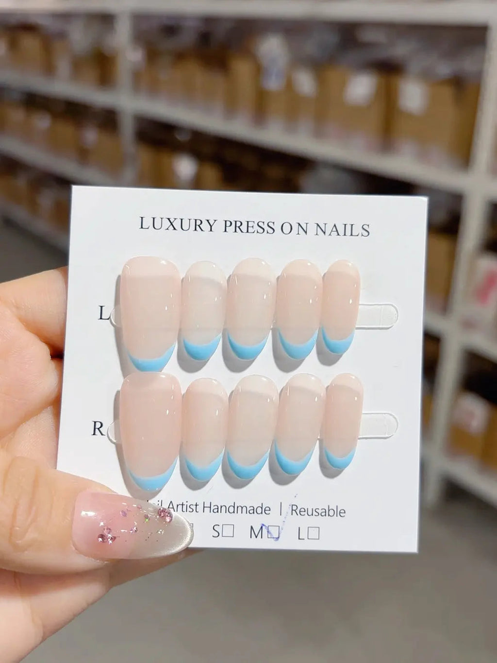 A056 - Medium Nude Blue Oval French tip VibeNailsLab