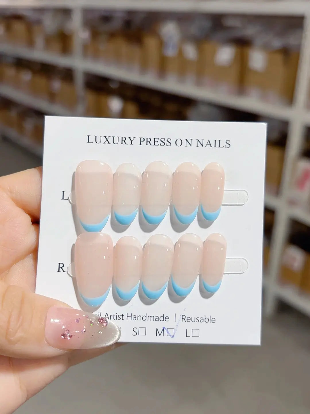 A056 - Medium Nude Blue Oval French tip VibeNailsLab