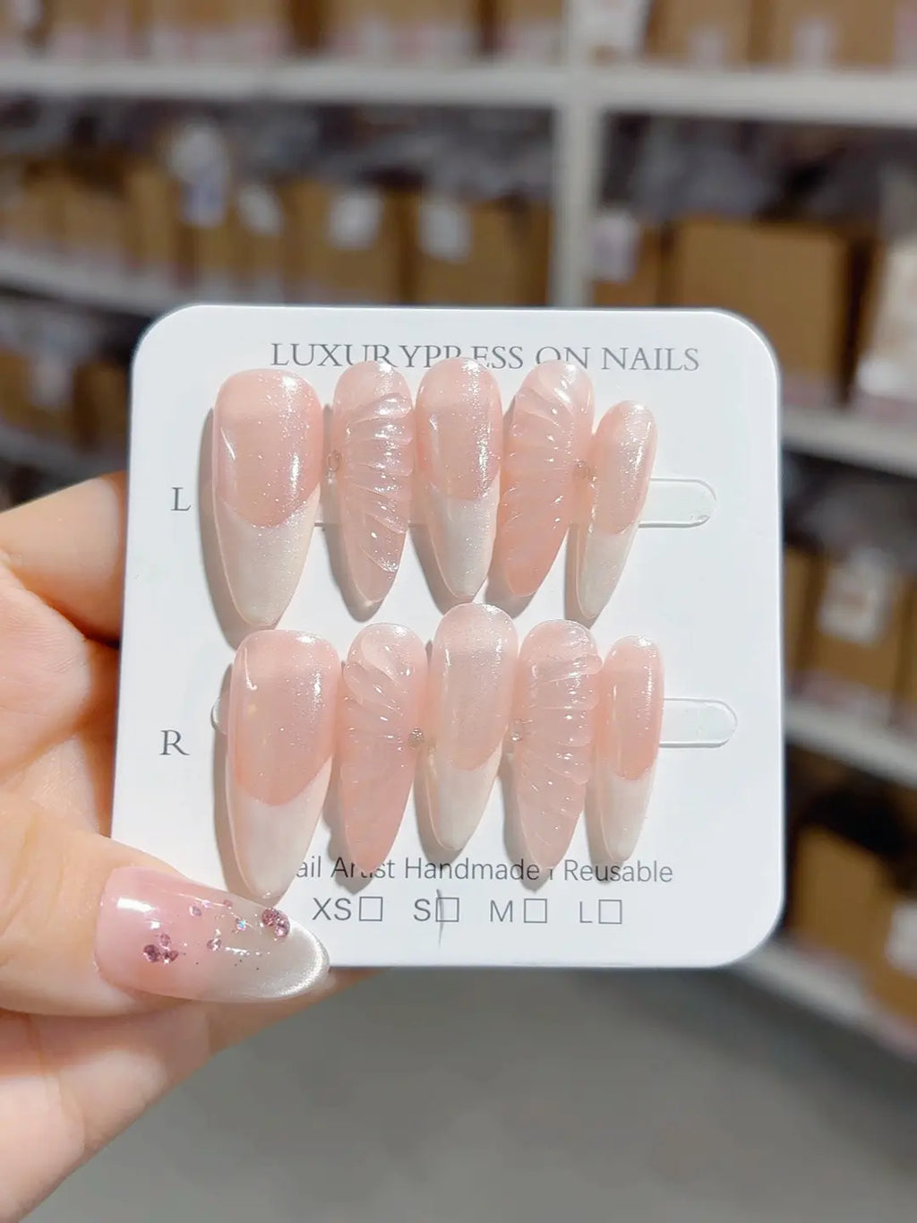 C372 - Long Nude Pink Almond Abstract Swirl