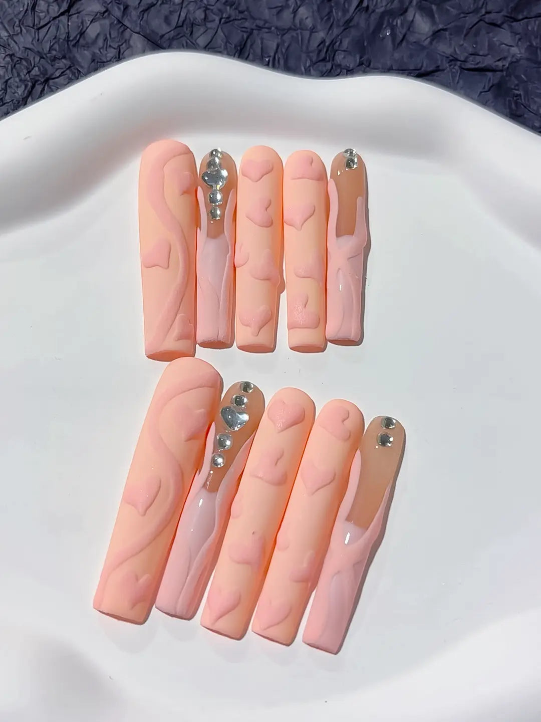 M017 - Long Nude Pink Square Solid color Heart Diamond