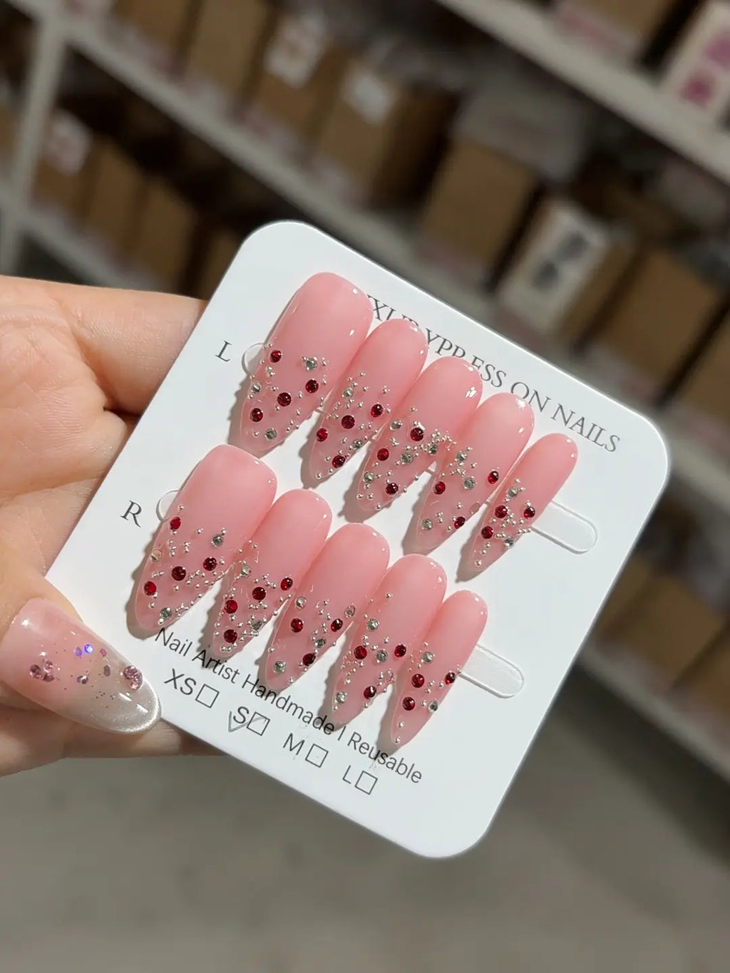 C374 - Long Pink Almond Glitter Rhinestone