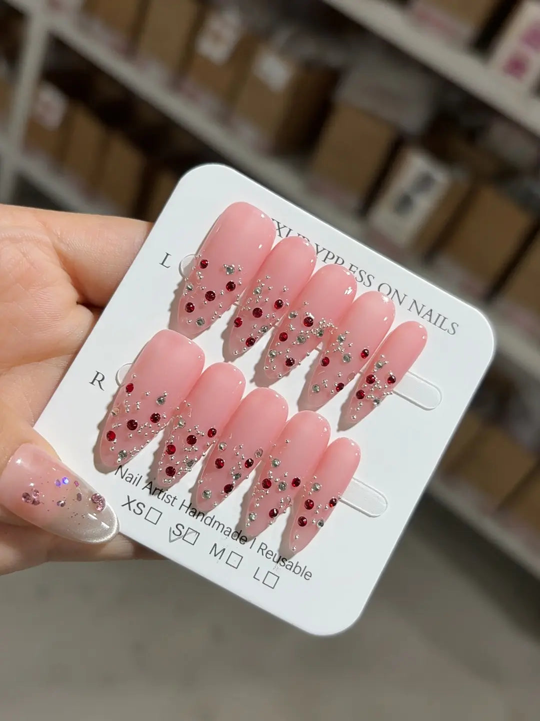 C374 - Long Pink Almond Glitter Rhinestone