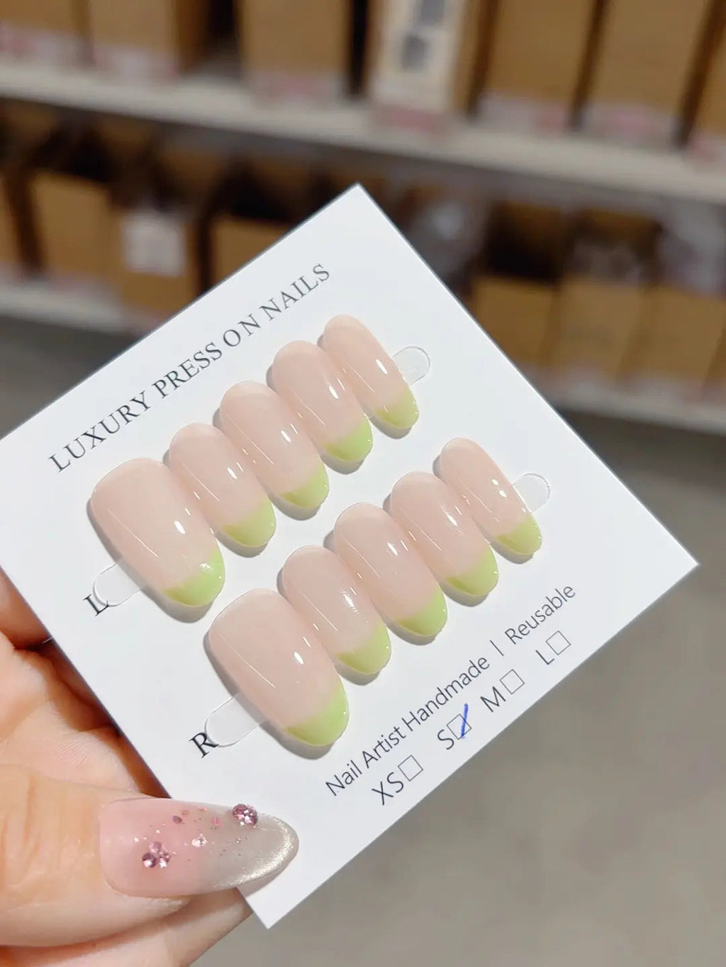 A052 - Medium Nude Green Oval French tip VibeNailsLab