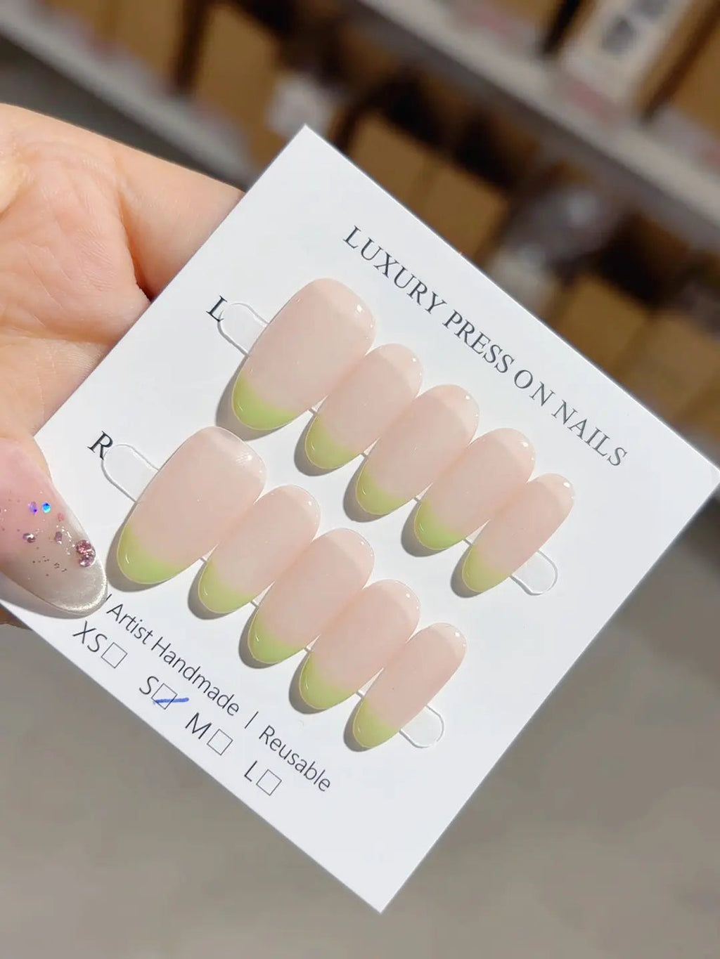 A052 - Medium Nude Green Oval French tip VibeNailsLab