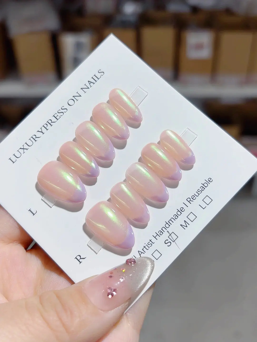 A051 - Short Nude Multicolor Almond Holographic Shimmer Overlay VibeNailsLab