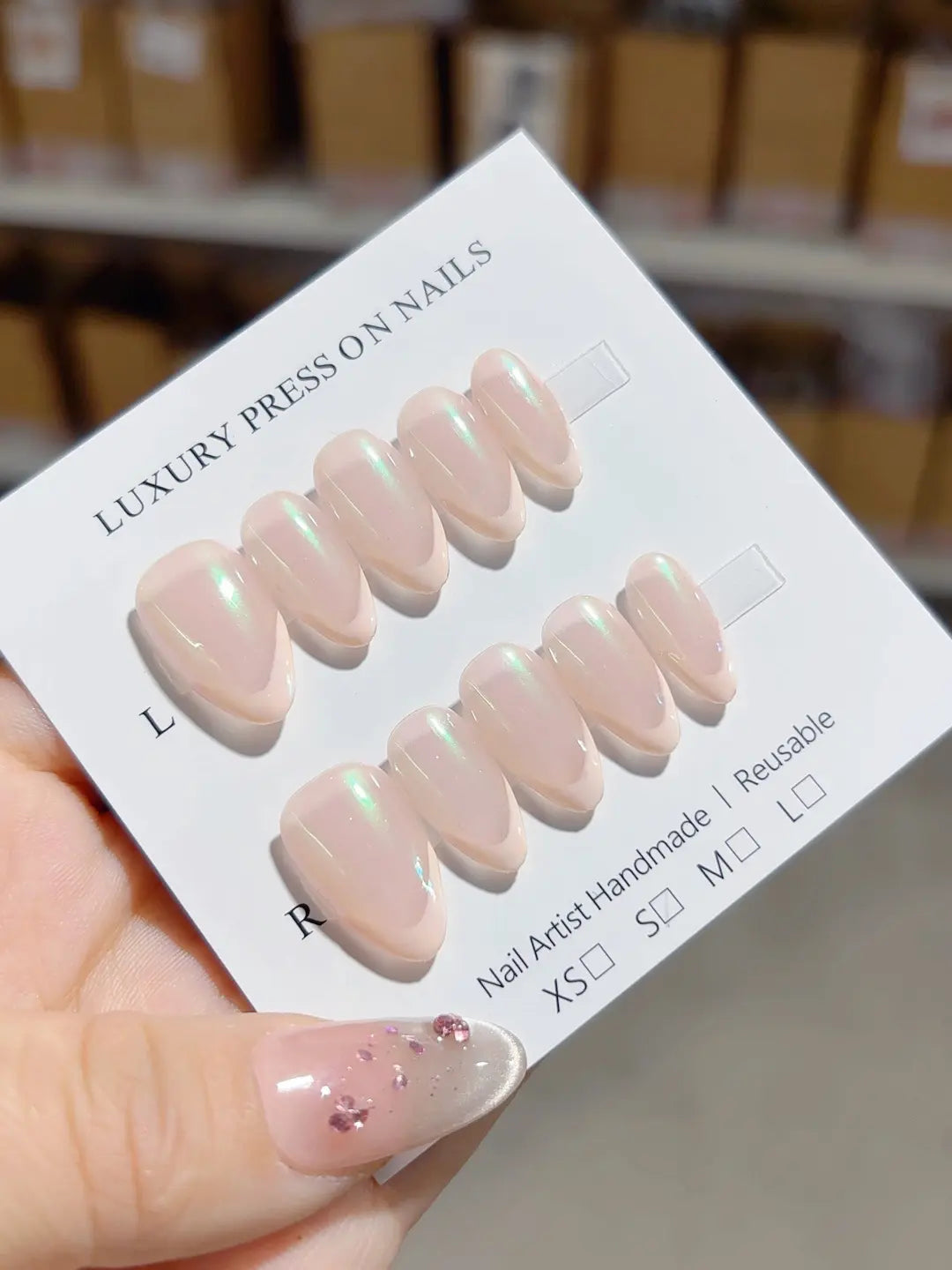 A053 - Short Nude Pink Almond Holographic Shimmer VibeNailsLab