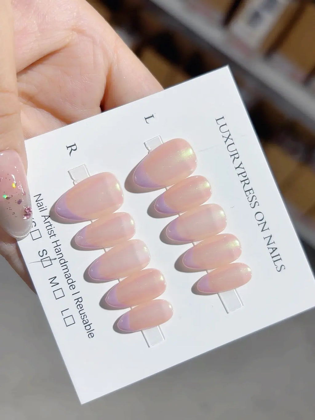 A051 - Short Nude Multicolor Almond Holographic Shimmer Overlay VibeNailsLab