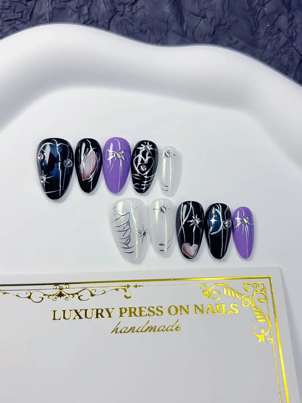 C371 - Short Black Purple Almond Abstract Heart Butterfly