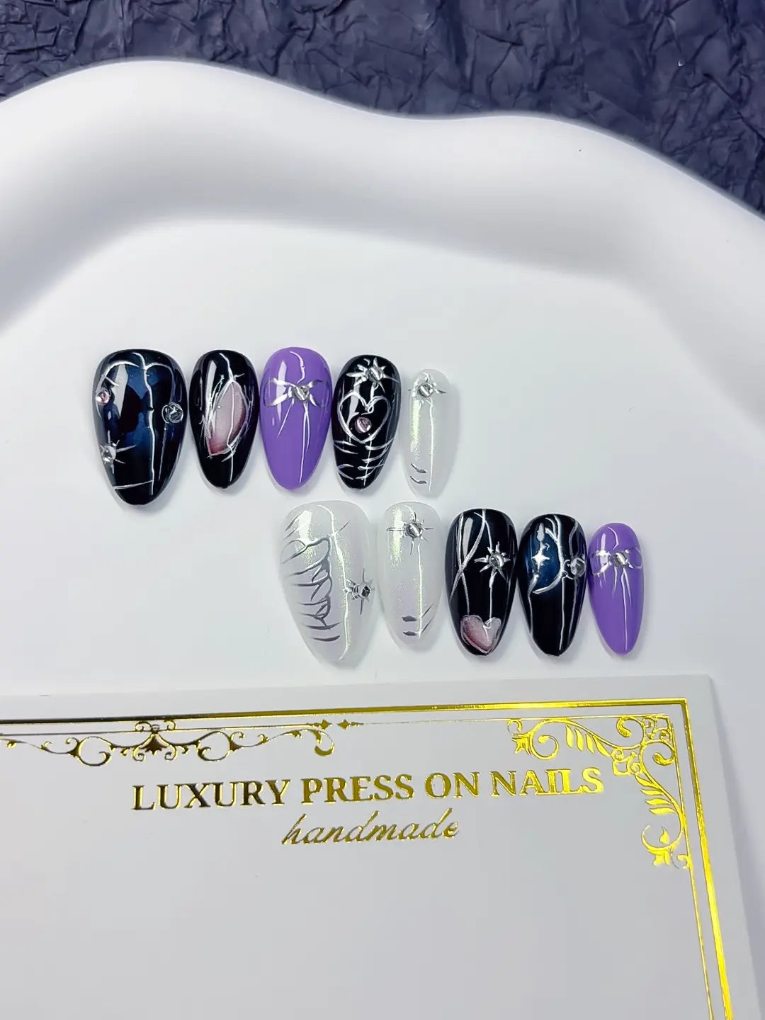 C371 - Short Black Purple Almond Abstract Heart Butterfly