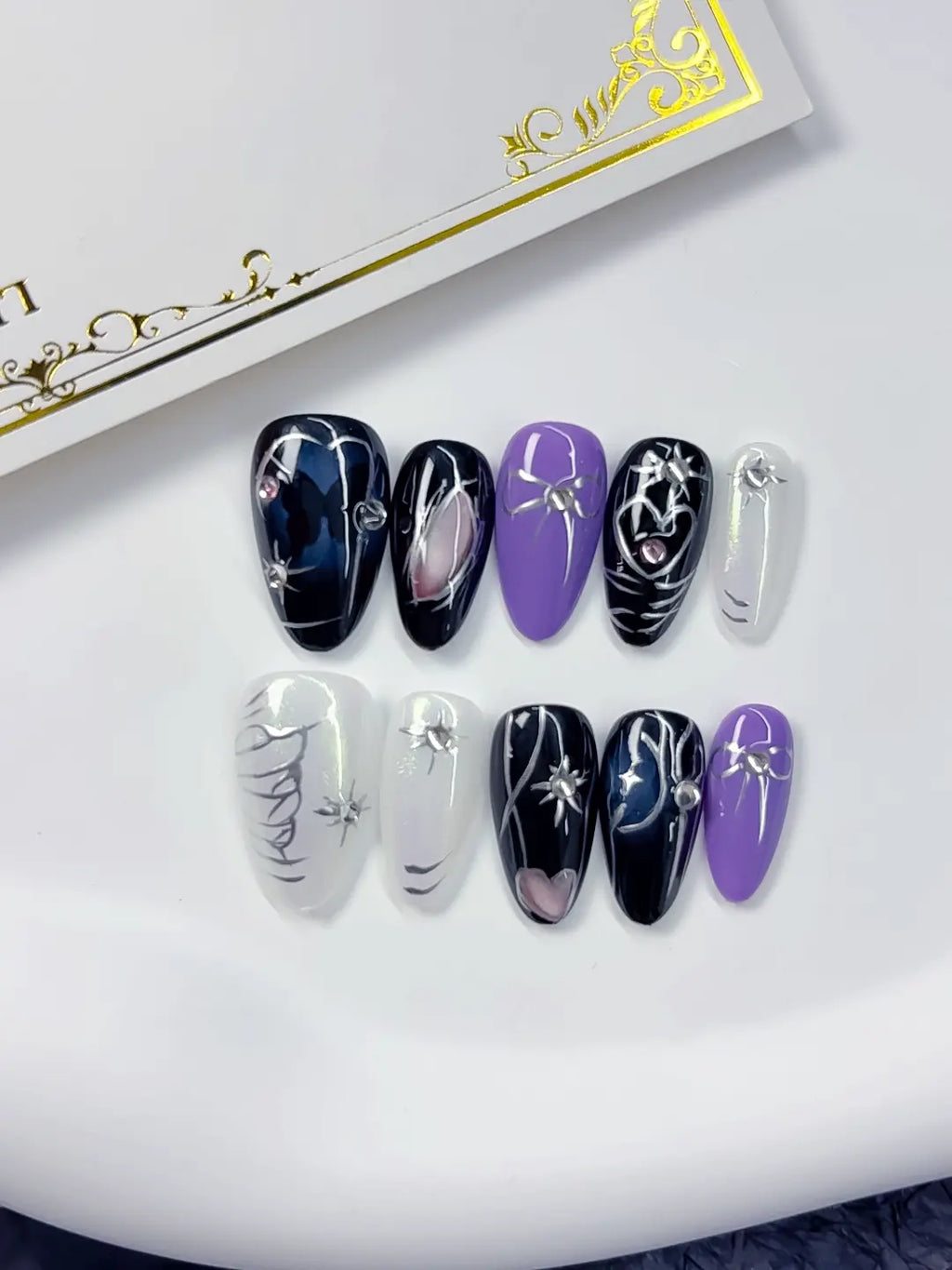 C371 - Short Black Purple Almond Abstract Heart Butterfly