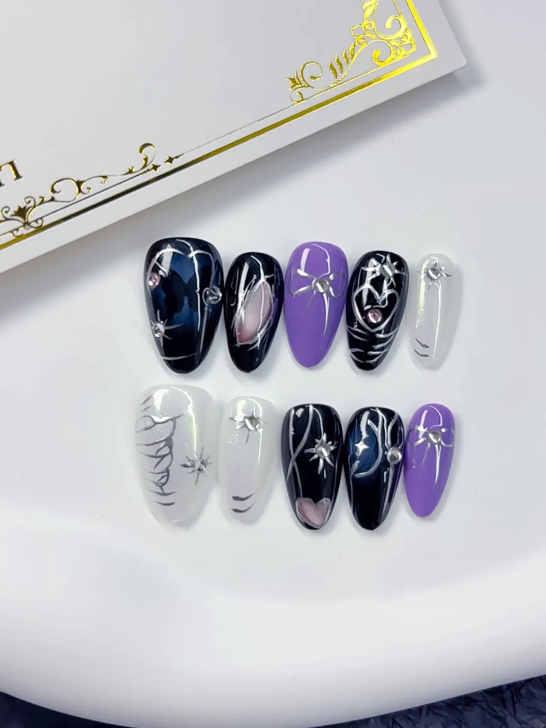 C371 - Short Black Purple Almond Abstract Heart Butterfly