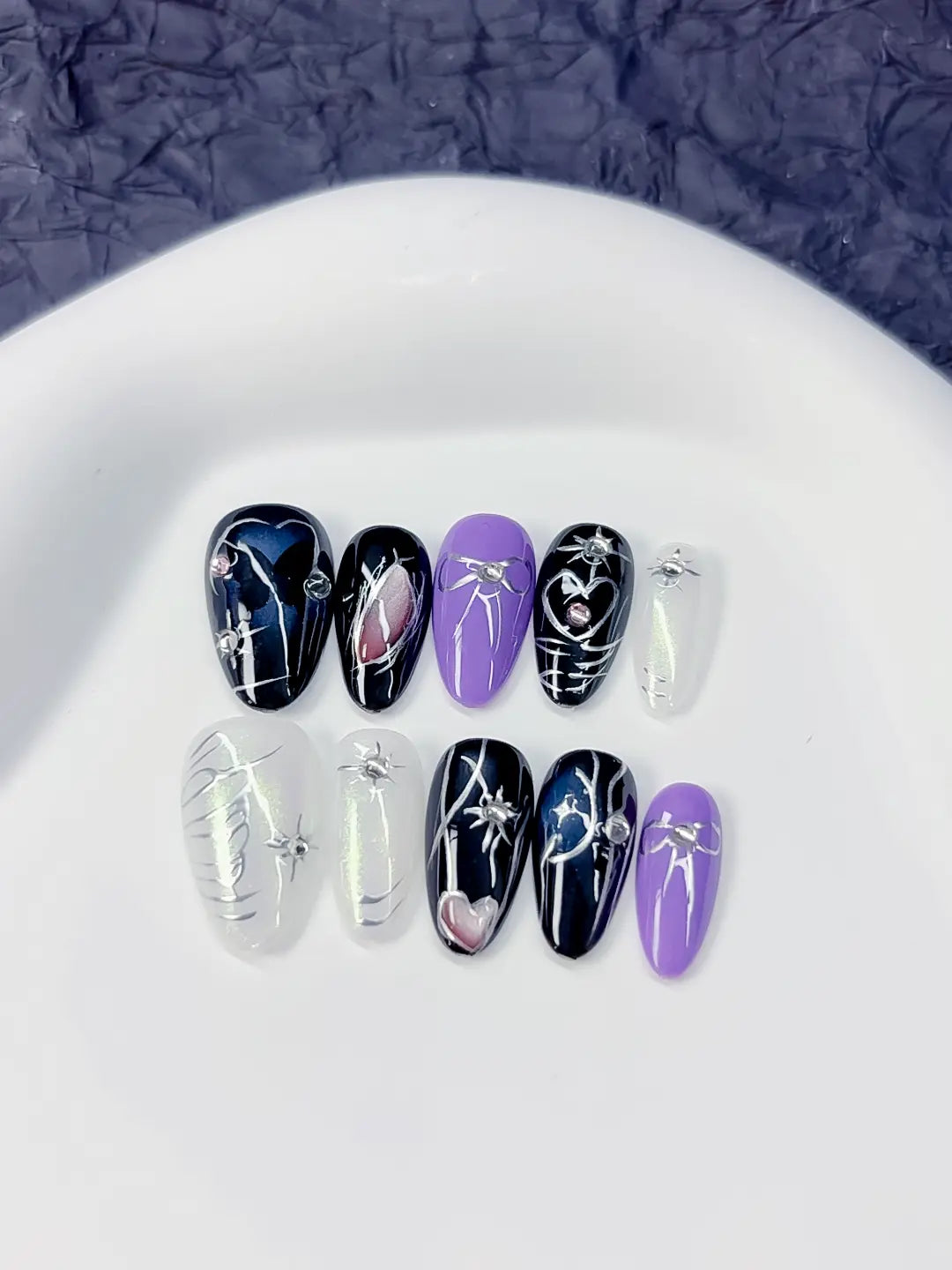 C371 - Short Black Purple Almond Abstract Heart Butterfly