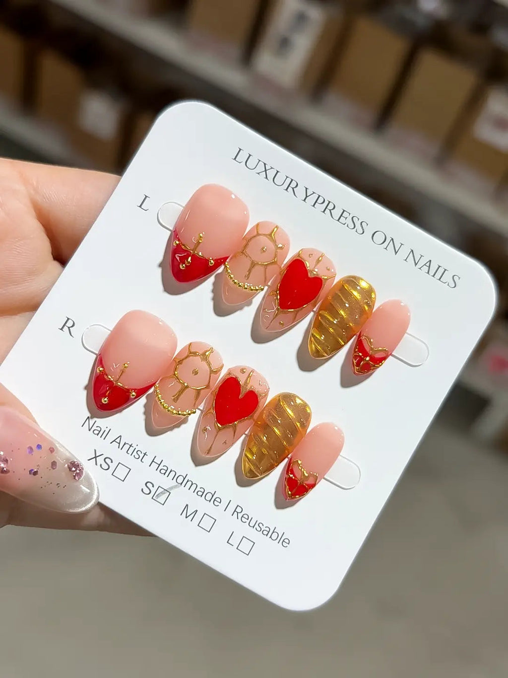 C379 - Short Nude Red Almond Glitter Heart VibeNailsLab