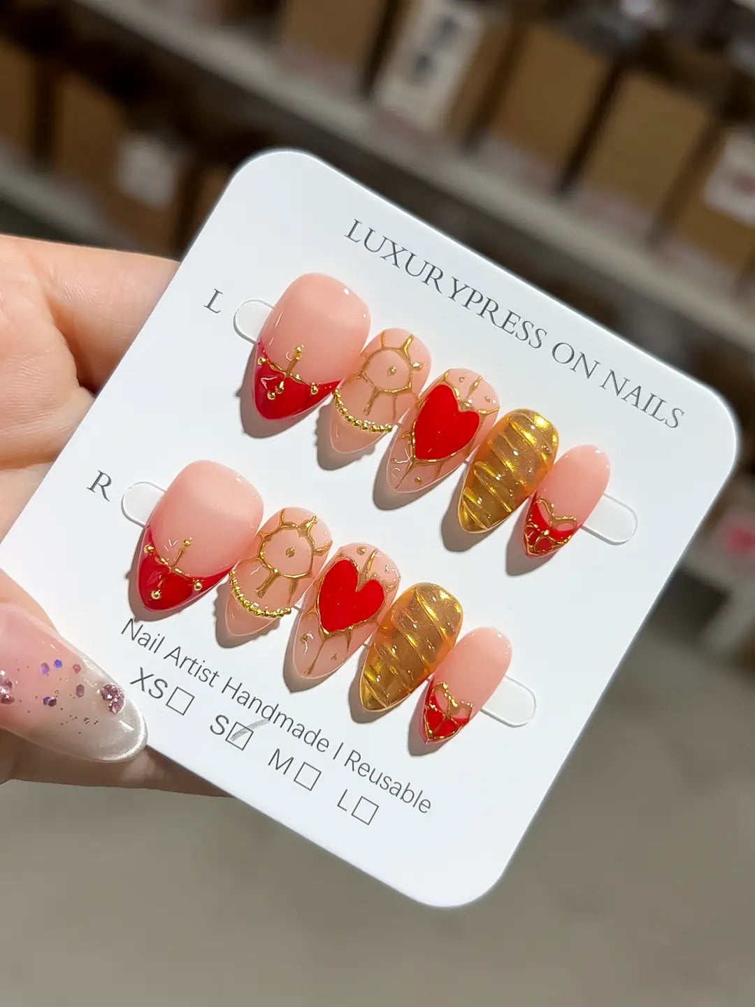 C379 - Short Nude Red Almond Glitter Heart VibeNailsLab
