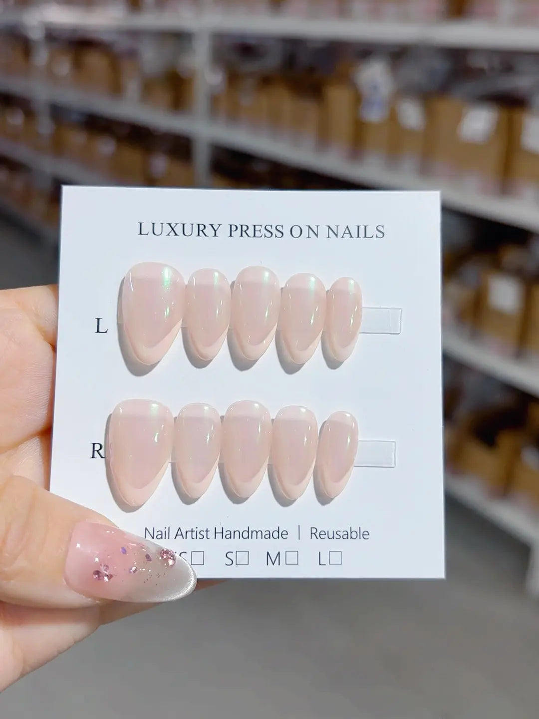 A053 - Short Nude Pink Almond Holographic Shimmer VibeNailsLab