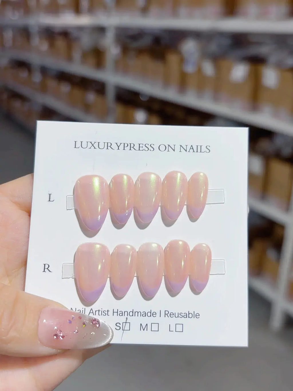 A051 - Short Nude Multicolor Almond Holographic Shimmer Overlay VibeNailsLab