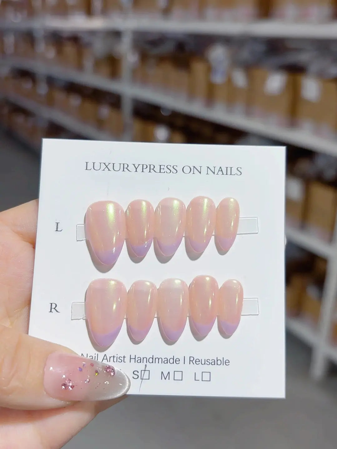 A051 - Short Nude Multicolor Almond Holographic Shimmer Overlay VibeNailsLab