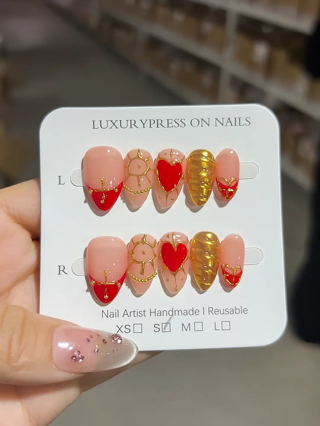 C379 - Short Nude Red Almond Glitter Heart VibeNailsLab
