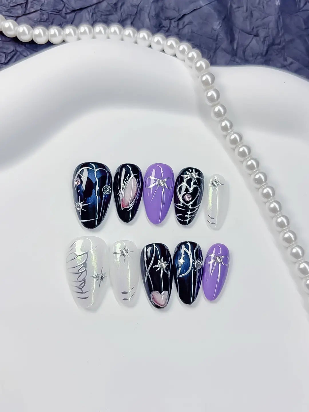 C371 - Short Black Purple Almond Abstract Heart Butterfly