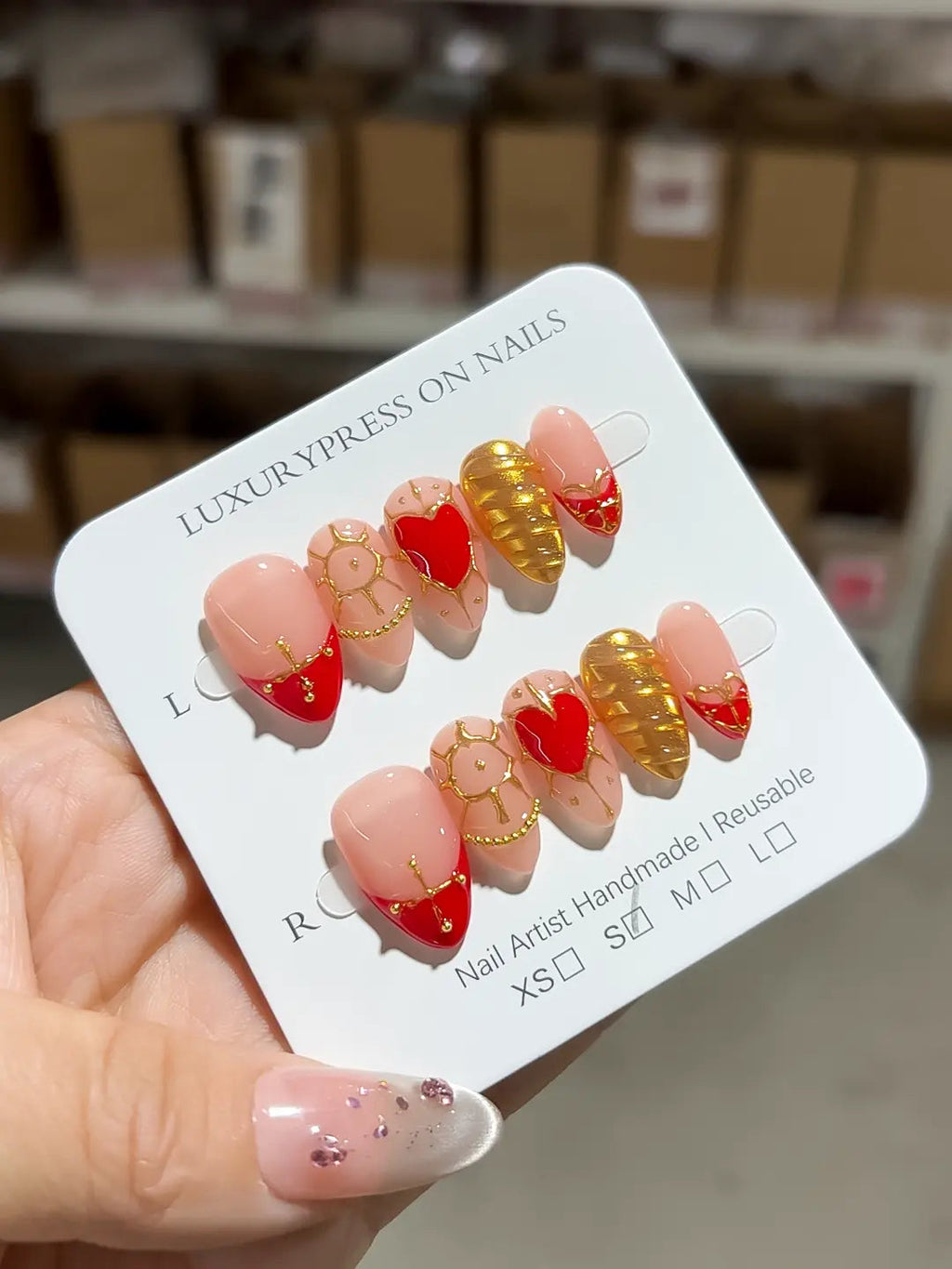 C379 - Short Nude Red Almond Glitter Heart VibeNailsLab