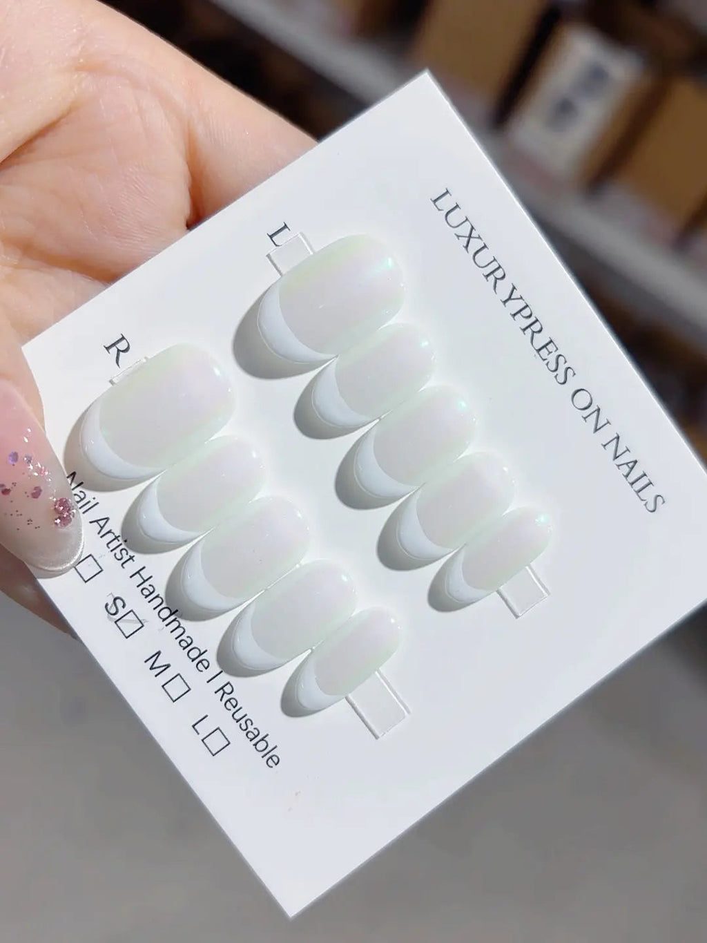 A050 - Short White Green Oval French tip Shine VibeNailsLab