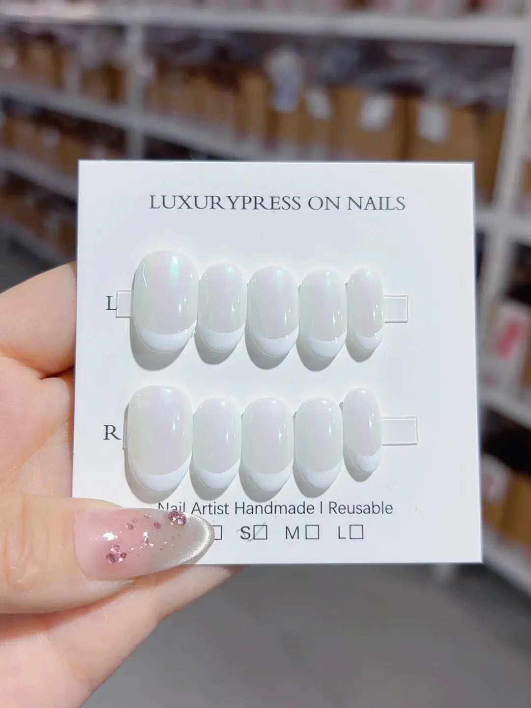 A050 - Short White Green Oval French tip Shine VibeNailsLab