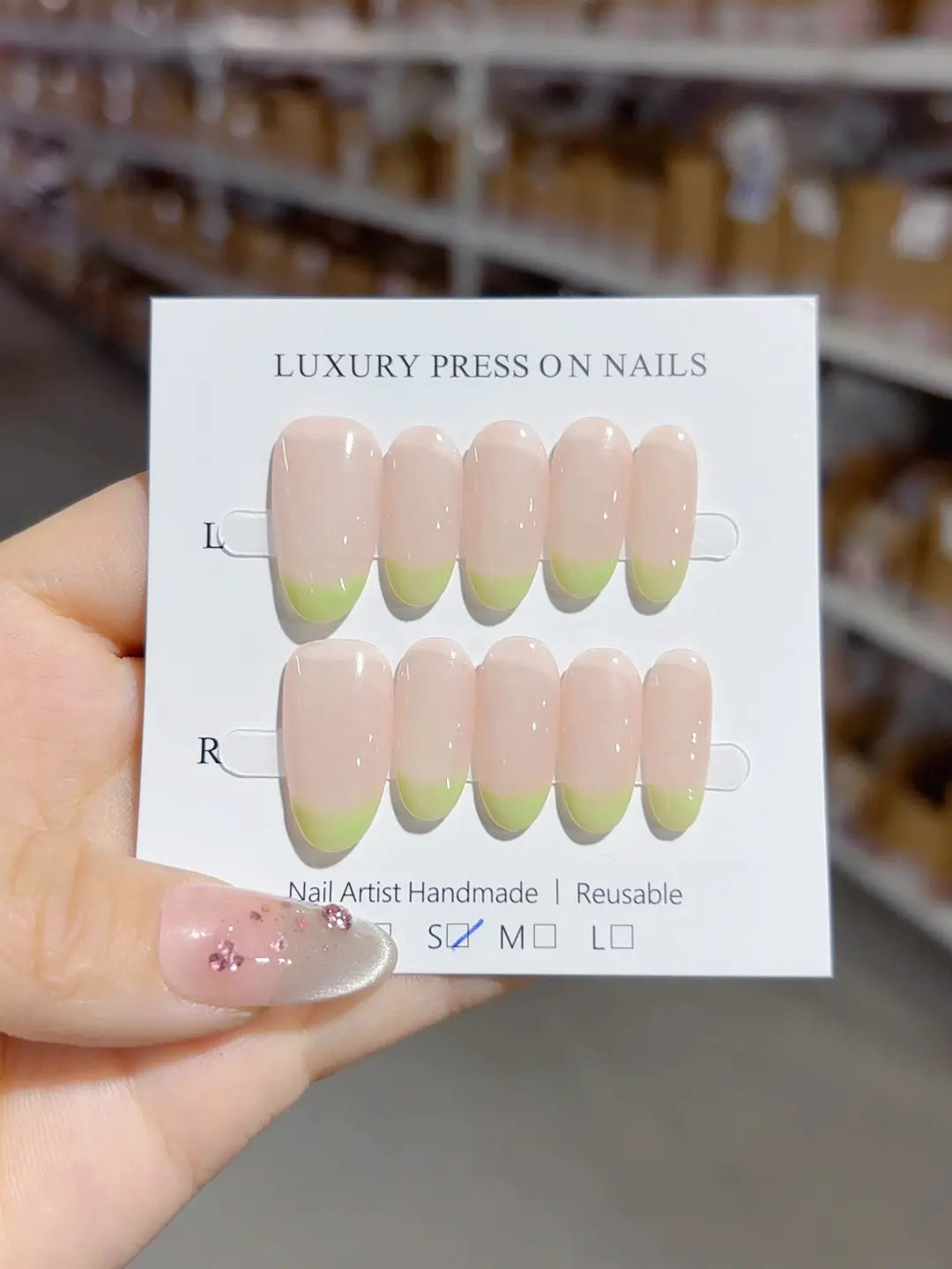 A052 - Medium Nude Green Oval French tip VibeNailsLab