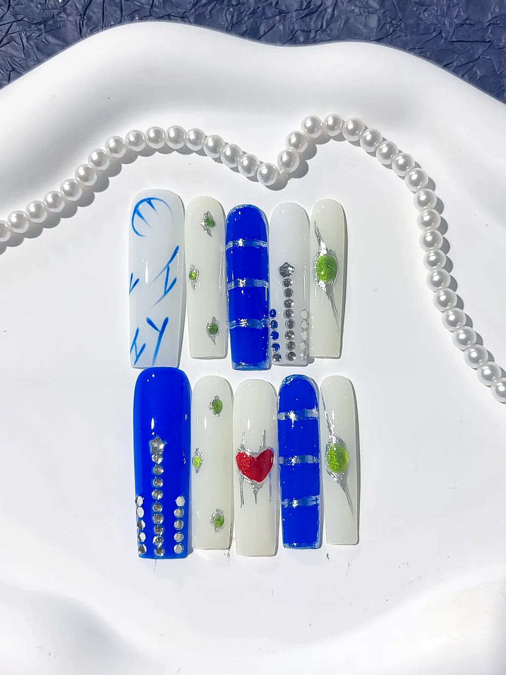 JSA02 - Long Blue White Square Abstract Rhinestone Heart
