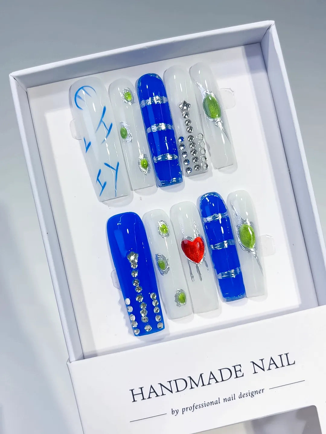 JSA02 - Long Blue White Square Abstract Rhinestone Heart