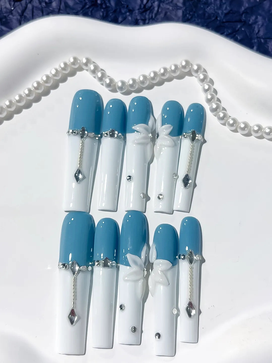 JSA04 - Long Blue White Square French tip Flower Chain