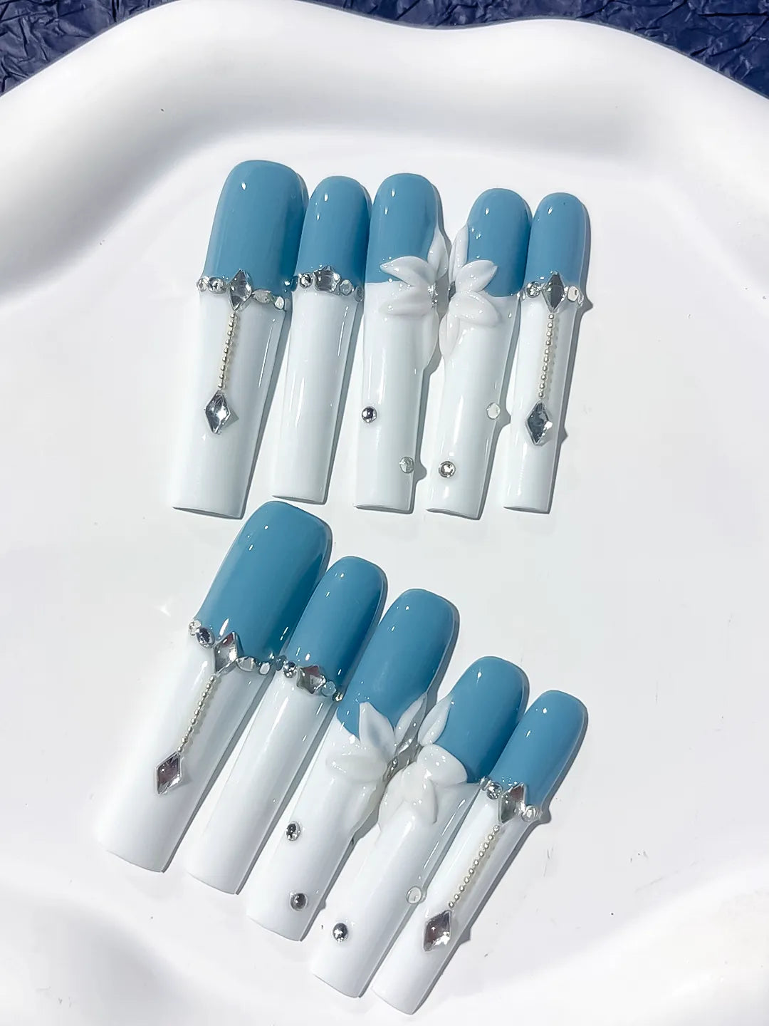 JSA04 - Long Blue White Square French tip Flower Chain