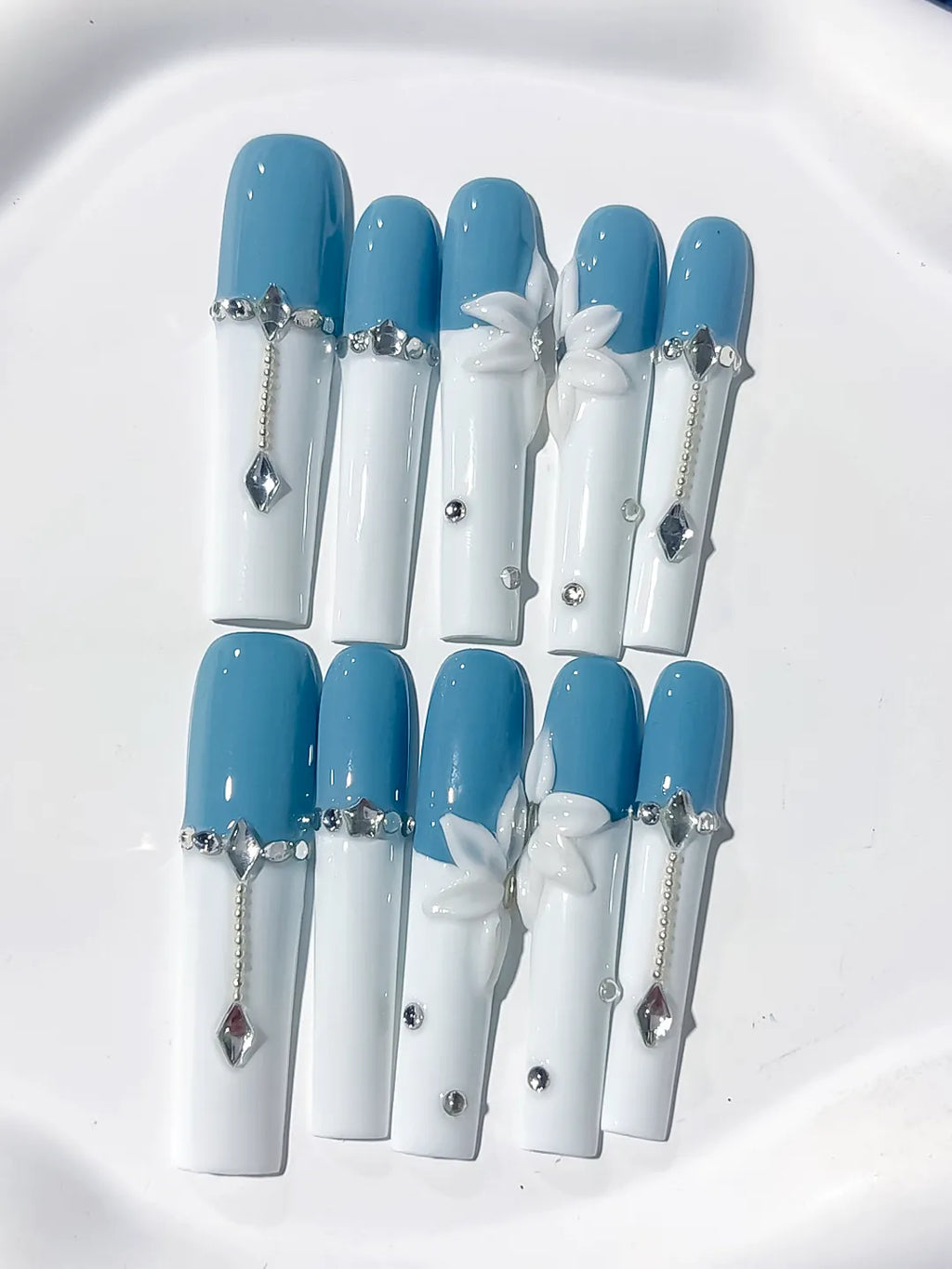 JSA04 - Long Blue White Square French tip Flower Chain