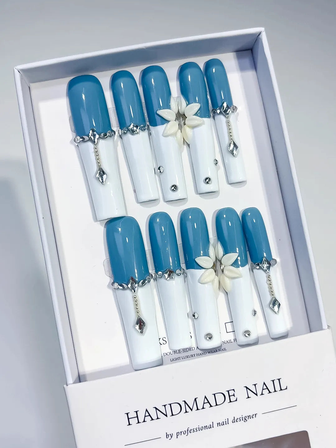 JSA04 - Long Blue White Square French tip Flower Chain